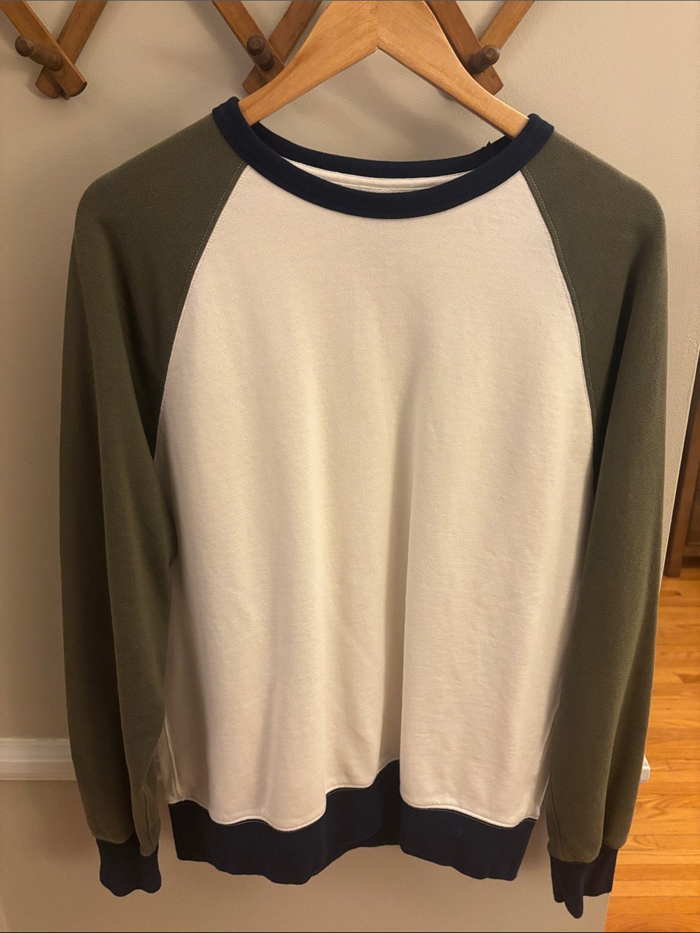 J. Crew Factory Men's Raglan Crewneck Sweater in White, Olive & Navy